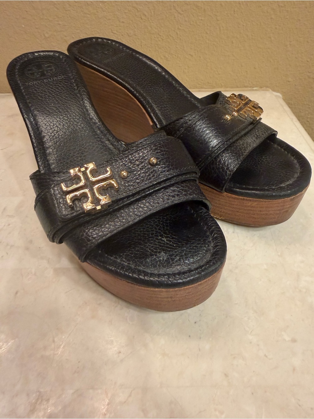 Tory Burch Black Leather Platform Slide Mules with Gold Logo